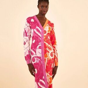 Farm Rio Mixed Tropical Groove Cardigan Midi Dress